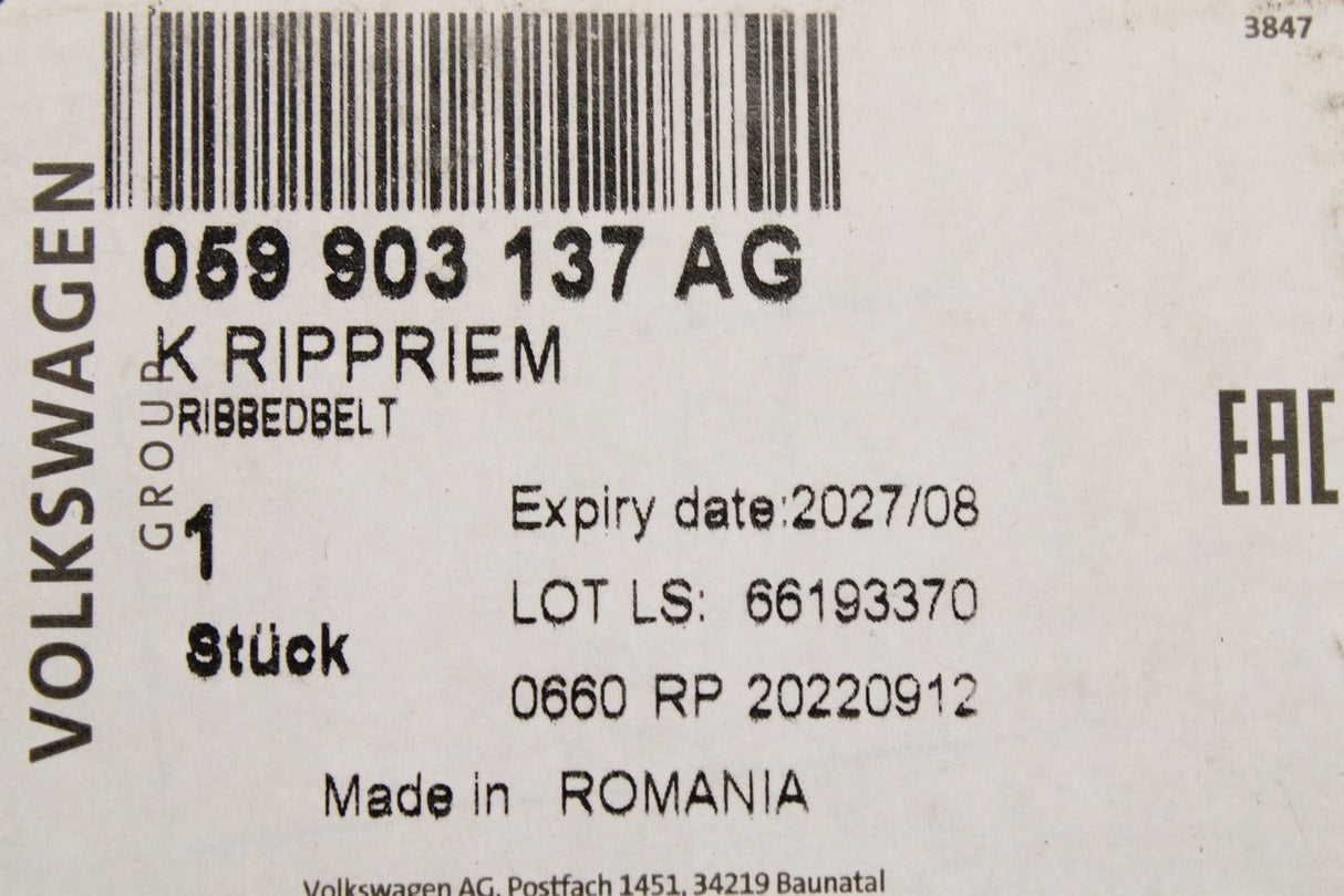 Audi A4 A5 A6 A7 Q5 alternator poly-v belt (3.0 TDI) 059903137AG