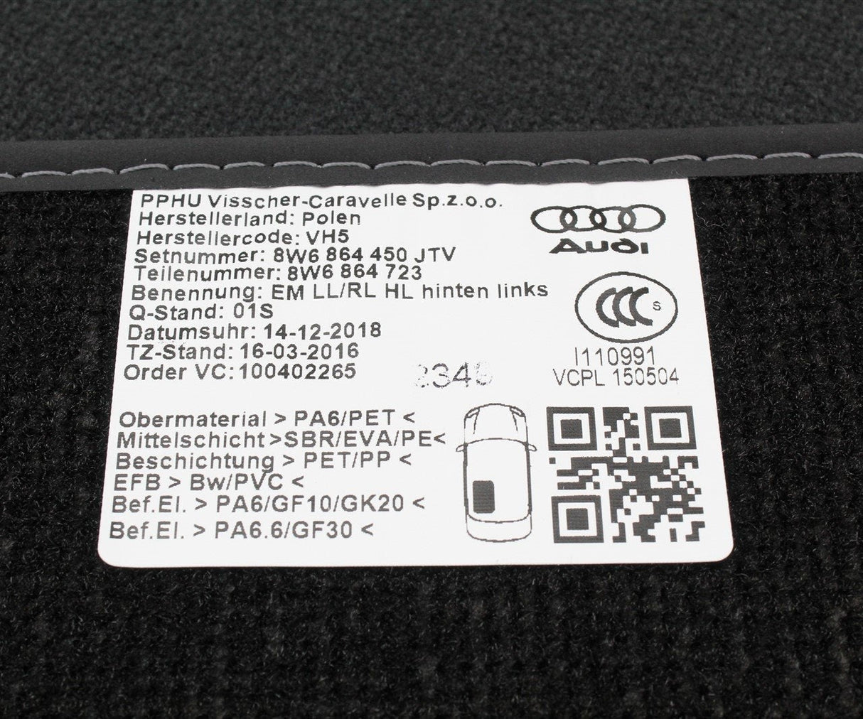 Audi A5 S5 2017- Coupe Sportback Rear textile floor mats 8W6864450JTV