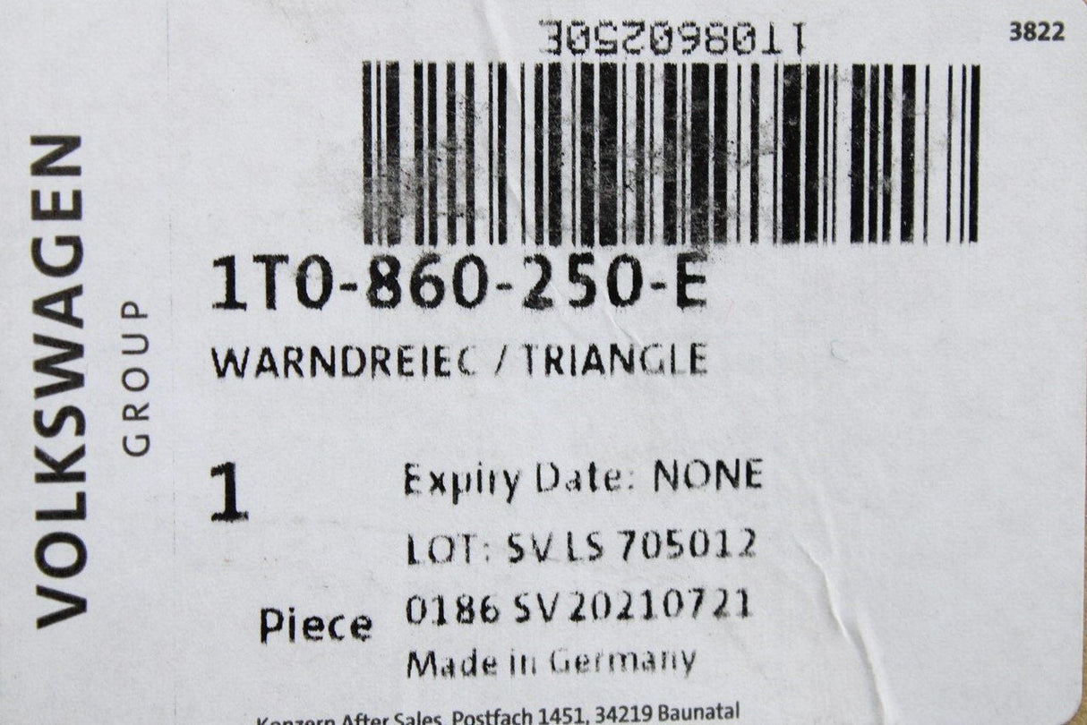 VW Audi Skoda SEAT road safety warning triangle 1T0860250E