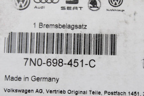 SEAT Alhambra 2016-on brake pad set (rear) 7N0698451C