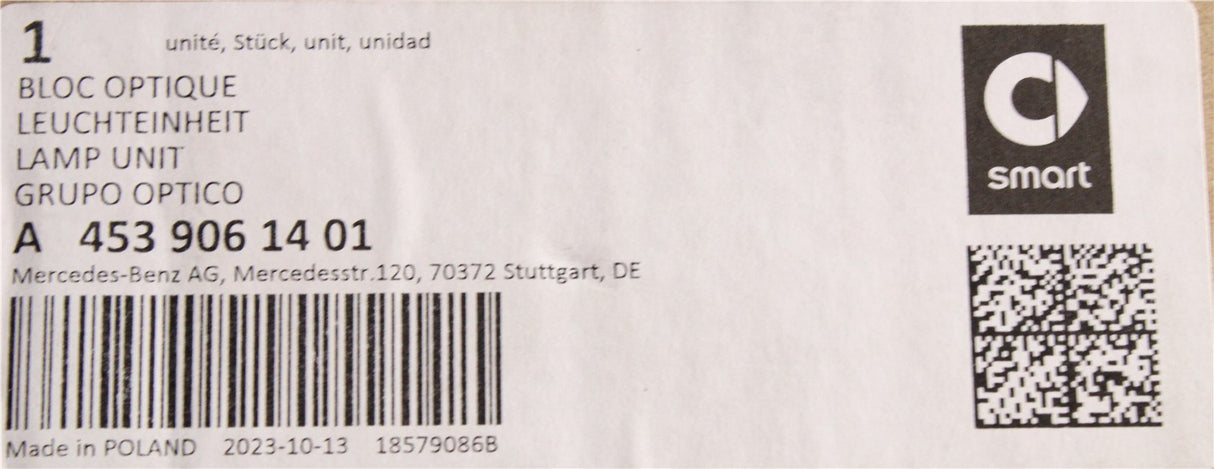 Smart ForFour 453 2014-19 halogen headlight (right) A4539061401