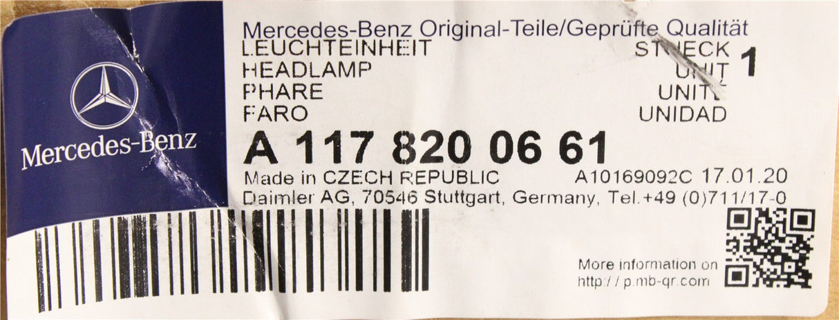 Mercedes-Benz CLA 117 2013-19 halogen headlight (right) A1178200661