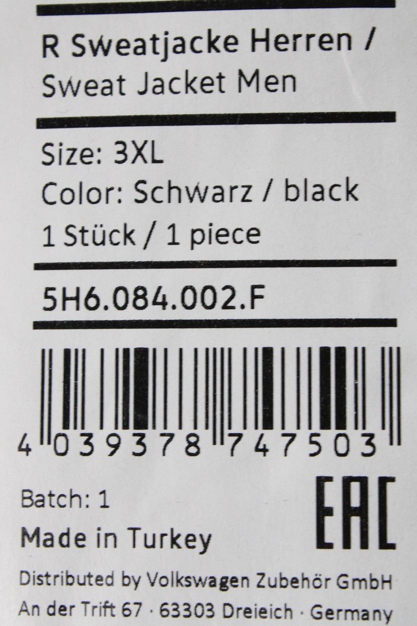 VW men's R collection sweat jacket XXXL (black) 5H6084002F