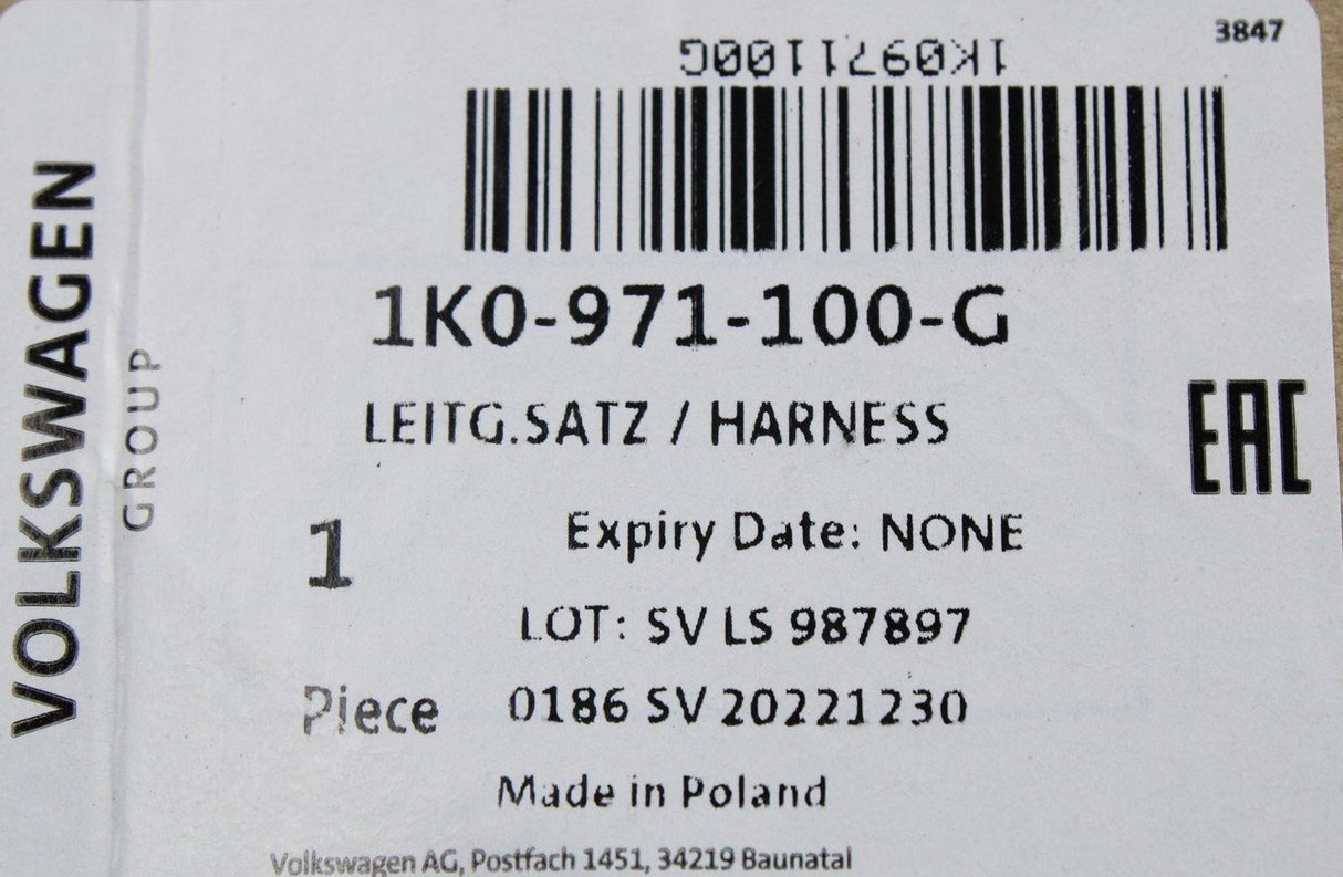 VW Golf MK5 MK6 headliner wiring harness for vanity lights 1K0971100G