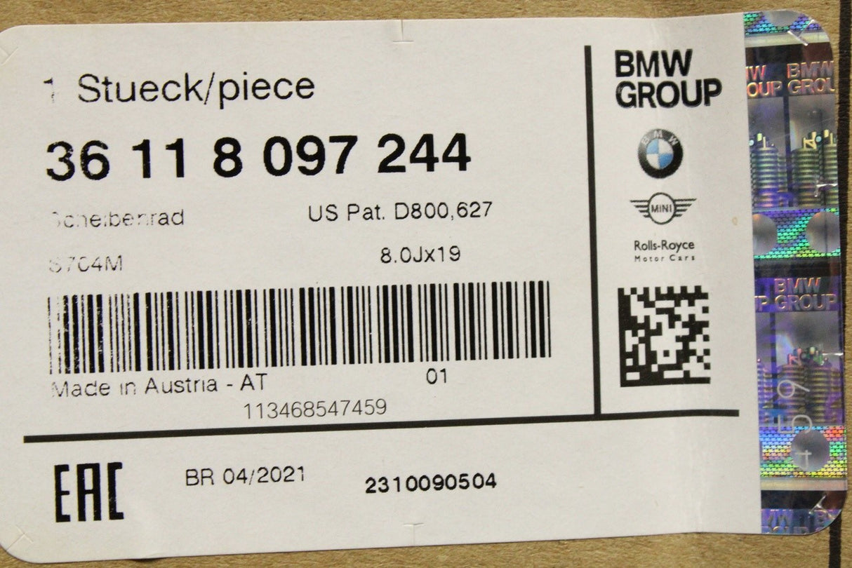 BMW 3 Series 4 Series 19" M Sport light alloy wheel (x1) 36118097244