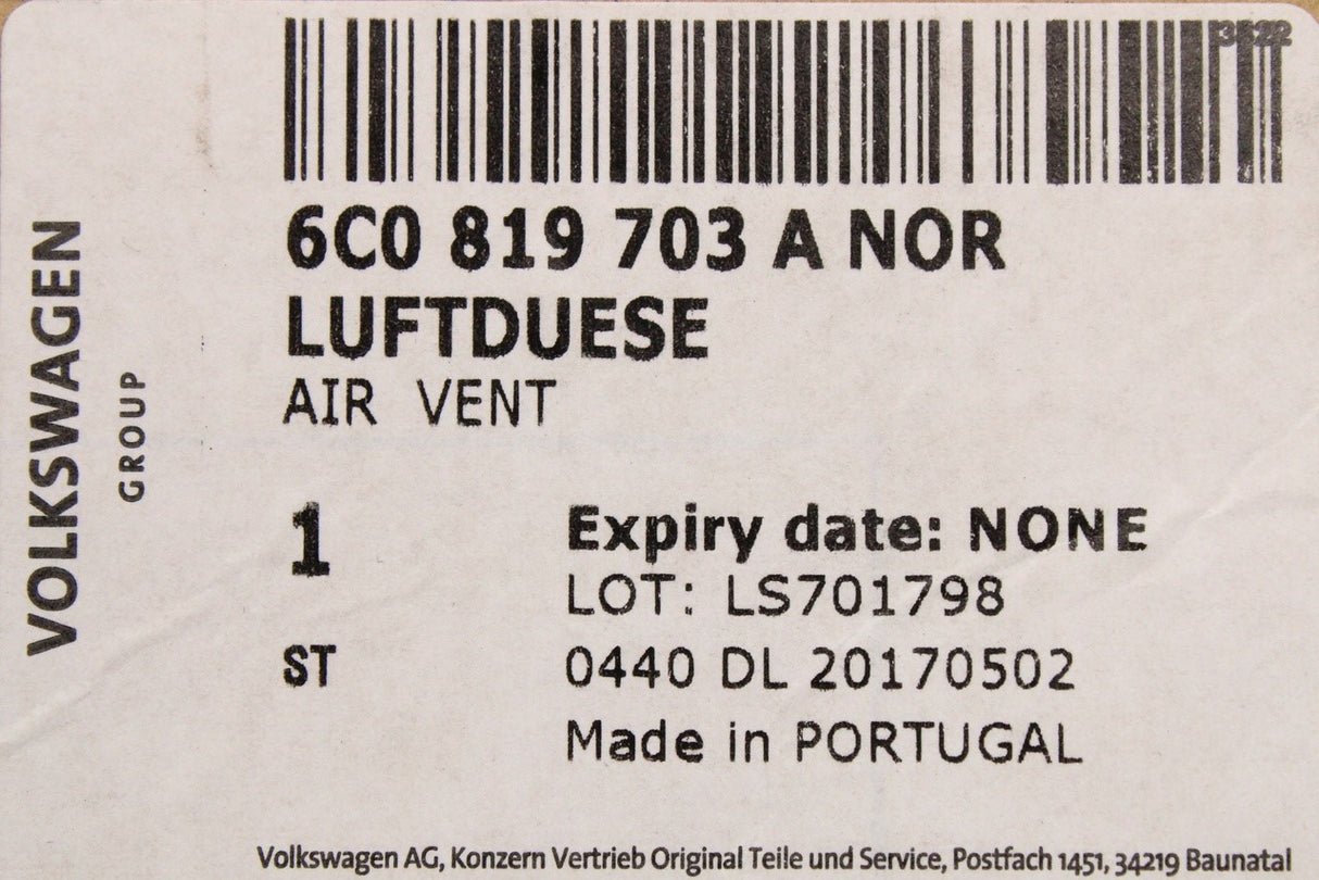 VW Polo 6C 2015-2018 dashboard air vent (left) 6C0819703A N0R