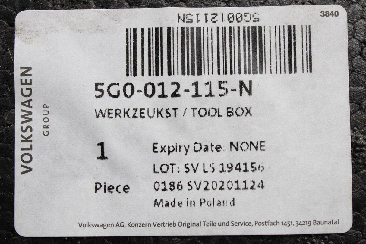 VW Golf R 4motion MK7 MK7.5 upper foam tool kit holder 5G0012115N
