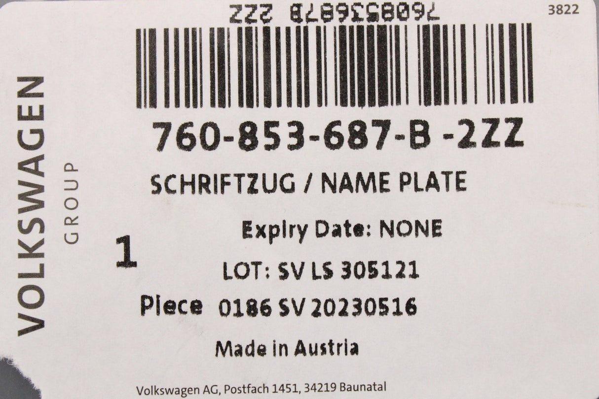 VW Touareg 2018-on rear boot lid lettering badge chrome 760853687B 2ZZ