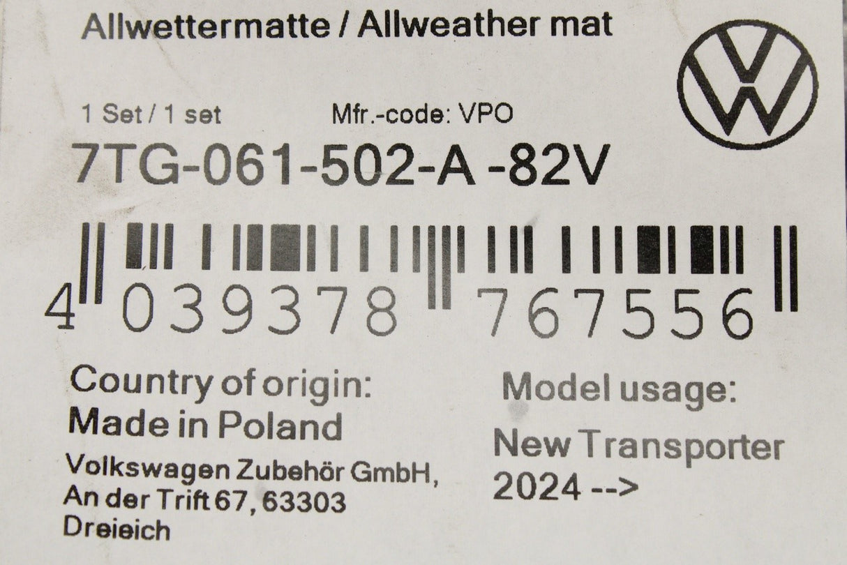 VW New Transporter 2024-on all weather floor mats (RHD) 7TG061502A 82V