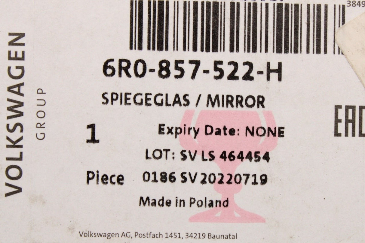 VW Polo Up Skoda Citigo SEAT RHD wing mirror glass (right) 6R0857522H
