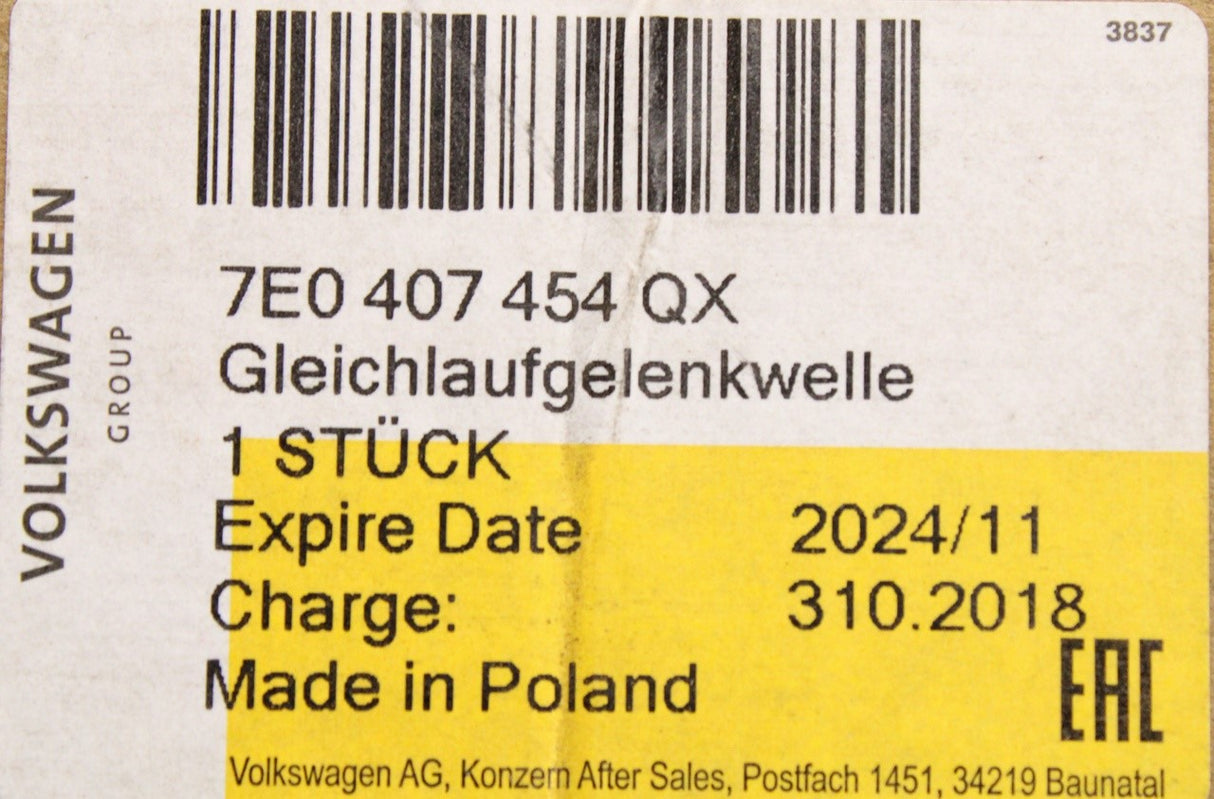 VW Transporter T6 2016-2019 front drive shaft (right) 7E0407454QX