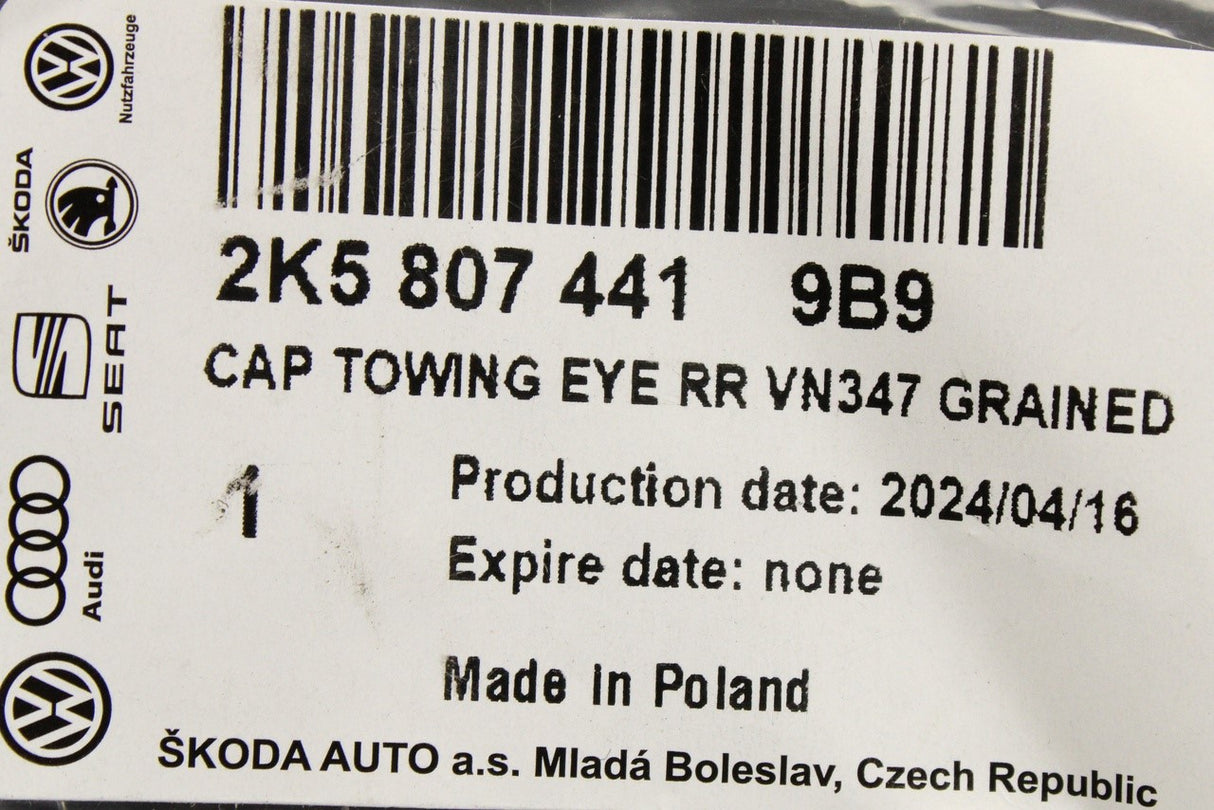 VW Caddy 2016-21 rear bumper towing eye cover satin black 2K5807441 9B9