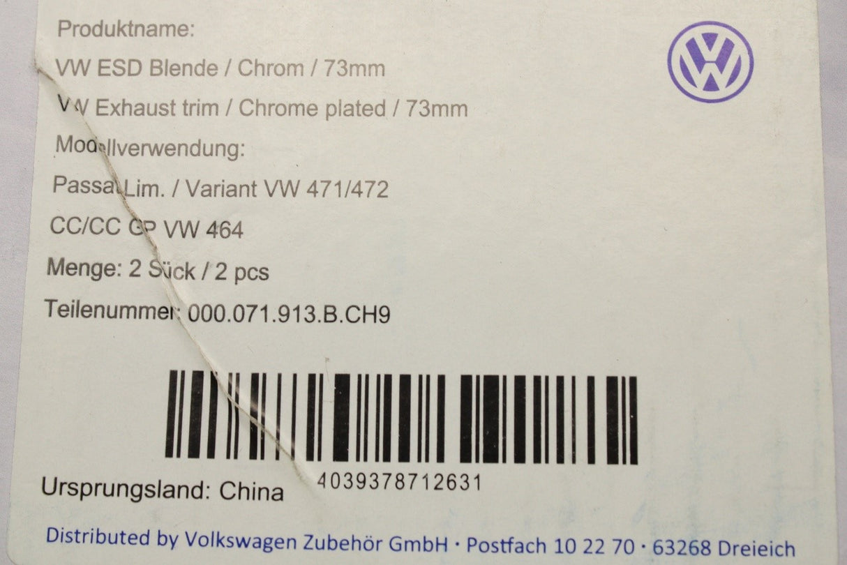 VW CC 2012-2017 exhaust tail pipe trims (70mm) 000071913B CH9