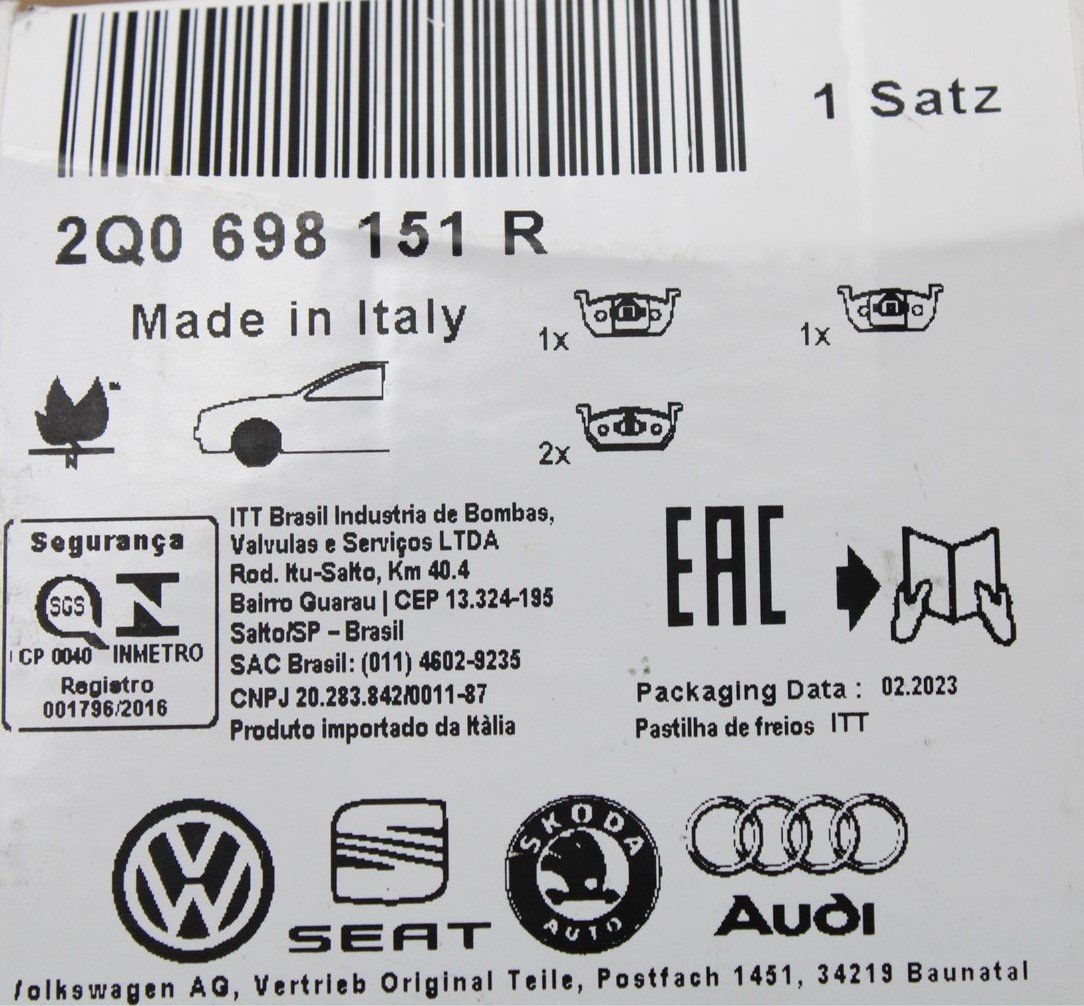 VW T-Cross Audi A1 brake pads for 276x24mm discs (front) 2Q0698151R