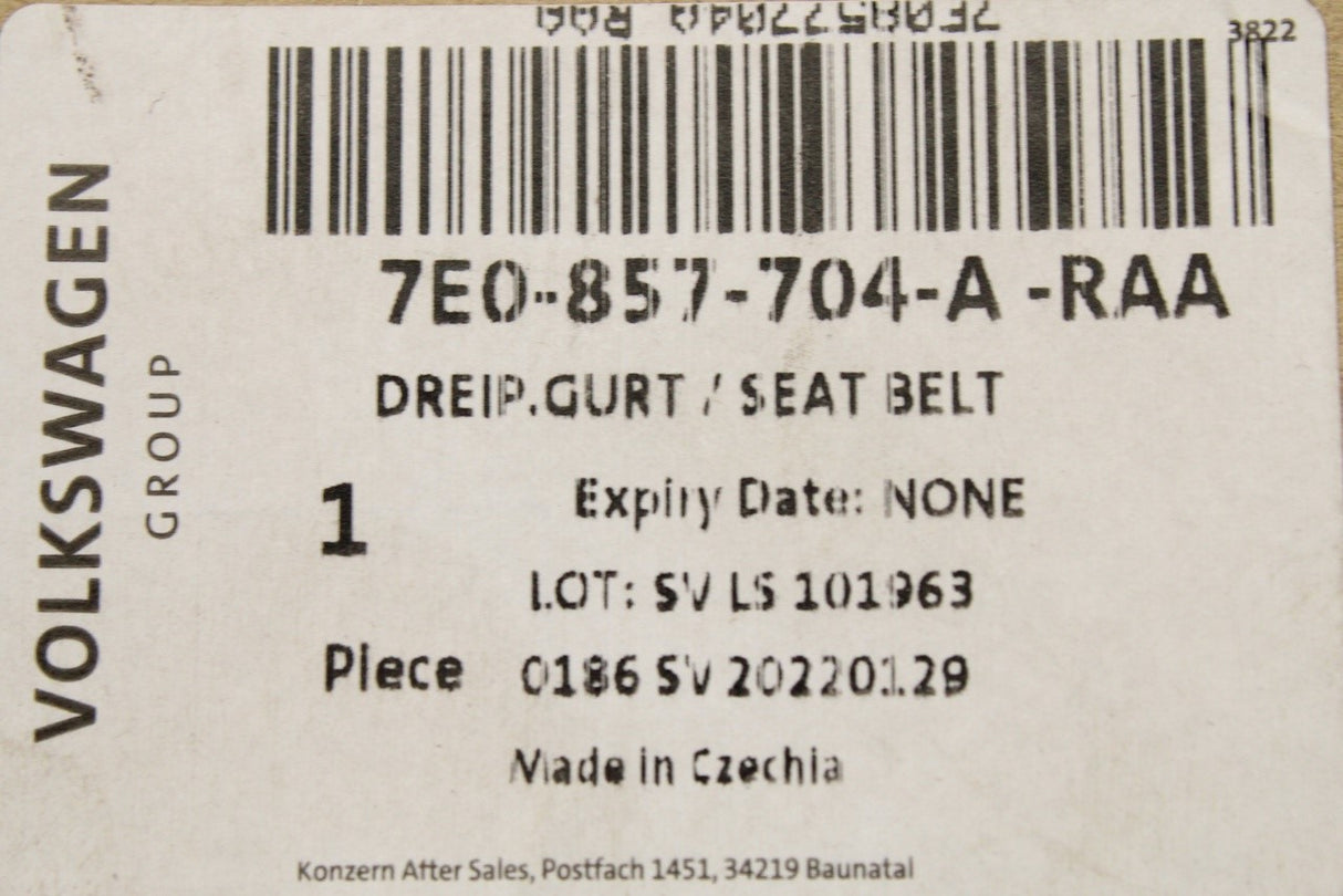 VW Transporter T5.1-T6.1 3-point seat belt (rear centre) 7E0857704A RAA