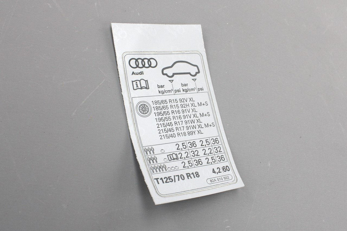 Audi A1 2019-on tyre pressure data sticker 82A010502