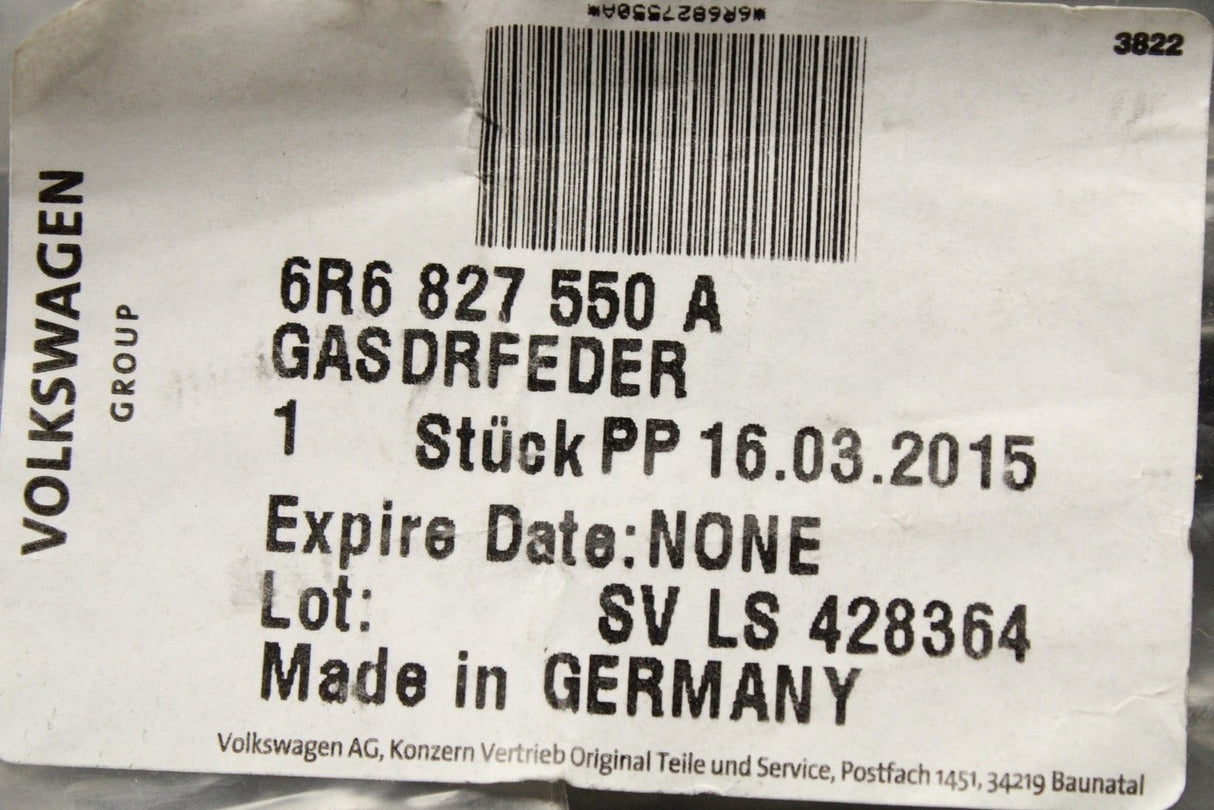 VW Polo 6C 2013-2018 tailgate boot lid gas strut (x1) 6R6827550A