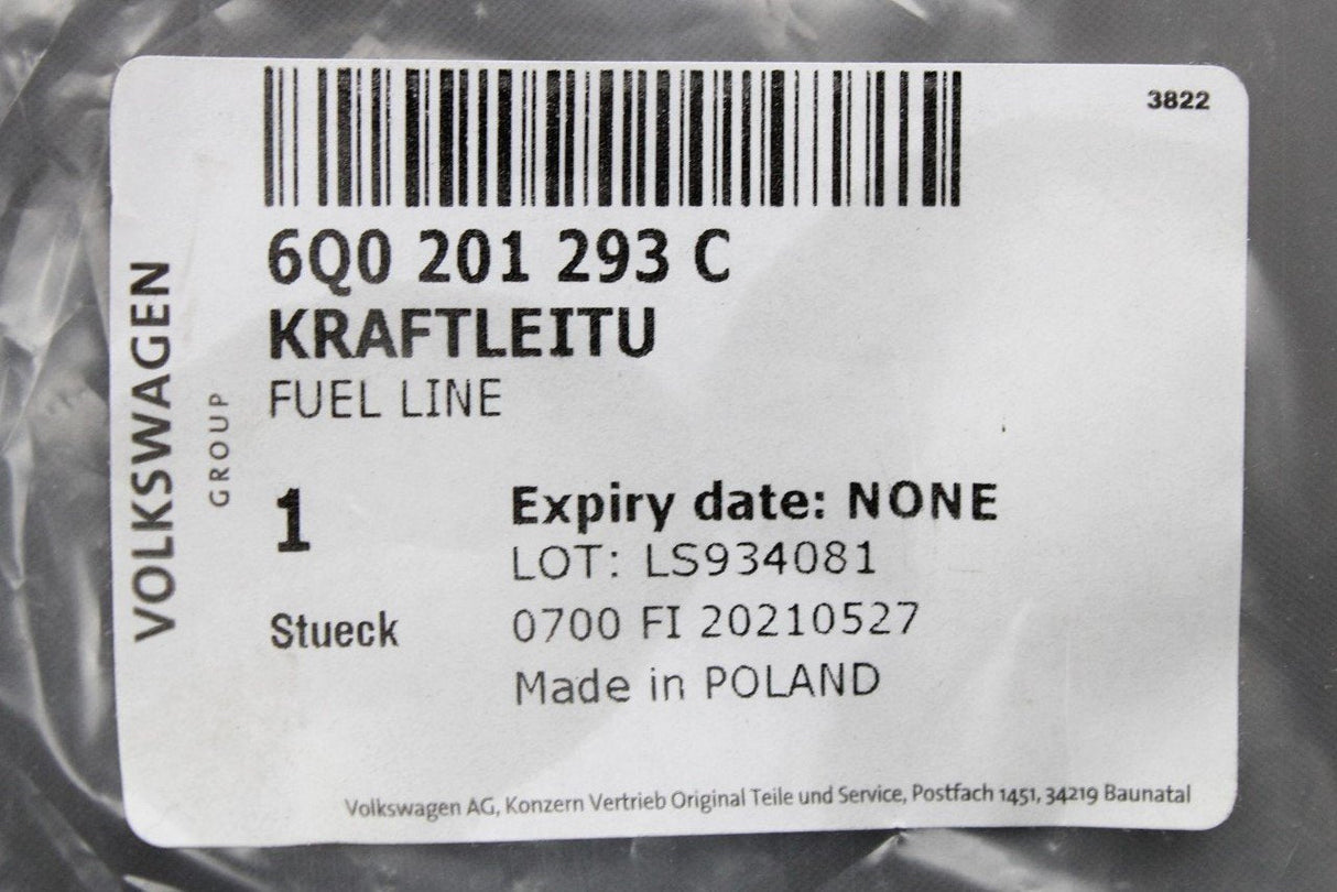 VW Polo Audi A1 Skoda Fabia SEAT Ibiza petrol fuel line pipe 6Q0201293C