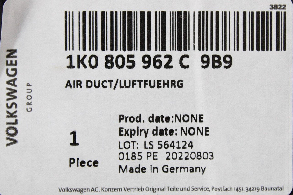 VW Audi Skoda SEAT 1.6 2.0 air intake duct 1K0805962C 9B9