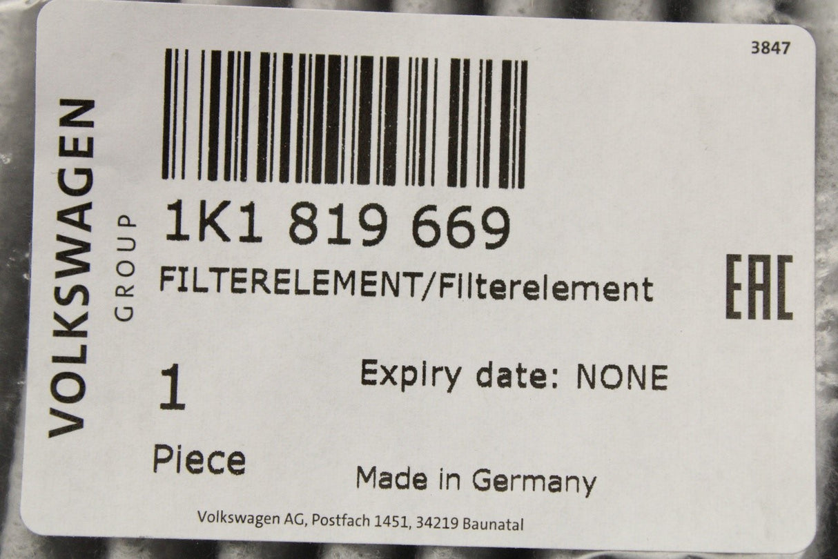 VW Golf Passat Audi Skoda SEAT LHD cabin pollen filter element 1K1819669