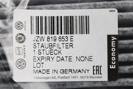 VW Transporter Cali T5 T6 cabin pollen filter element JZW819653E
