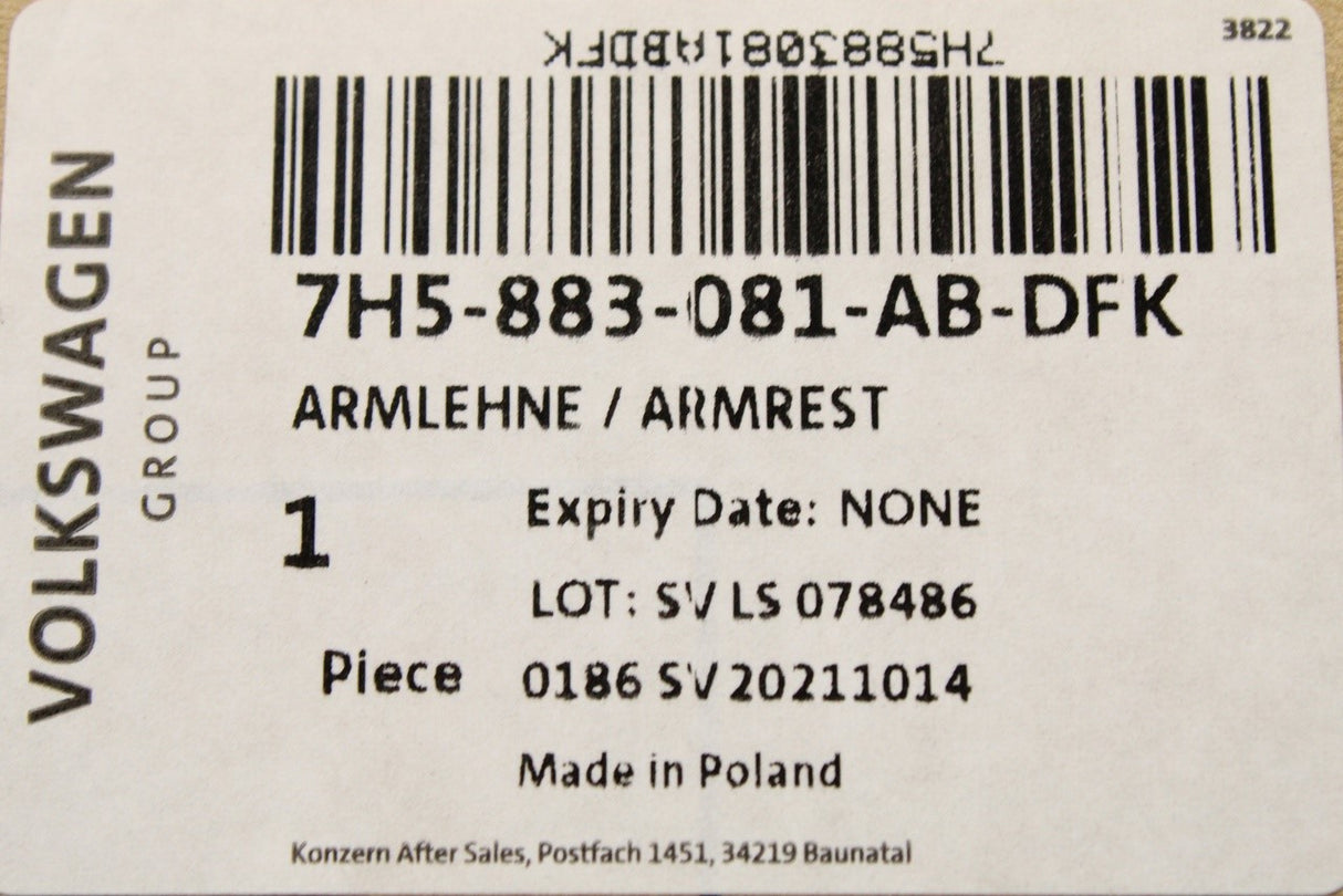 VW Transporter T5 2006-2010 drivers seat armrest (left) 7H5883081ABDFK