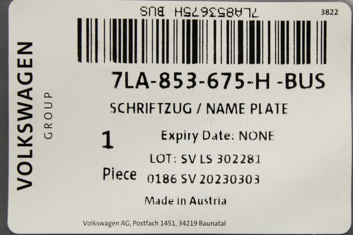 VW Transporter T6.1 20-24 front wing emblem badge (right) 7LA853675H BUS