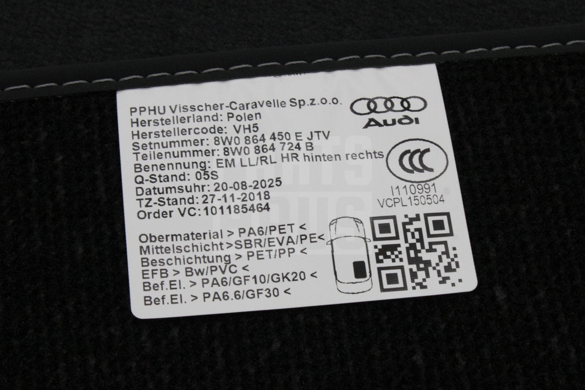 Audi A4 S4 RS4 Avant A5 S5 RS5 textile floor mats (rear) 8W0864450E JTV