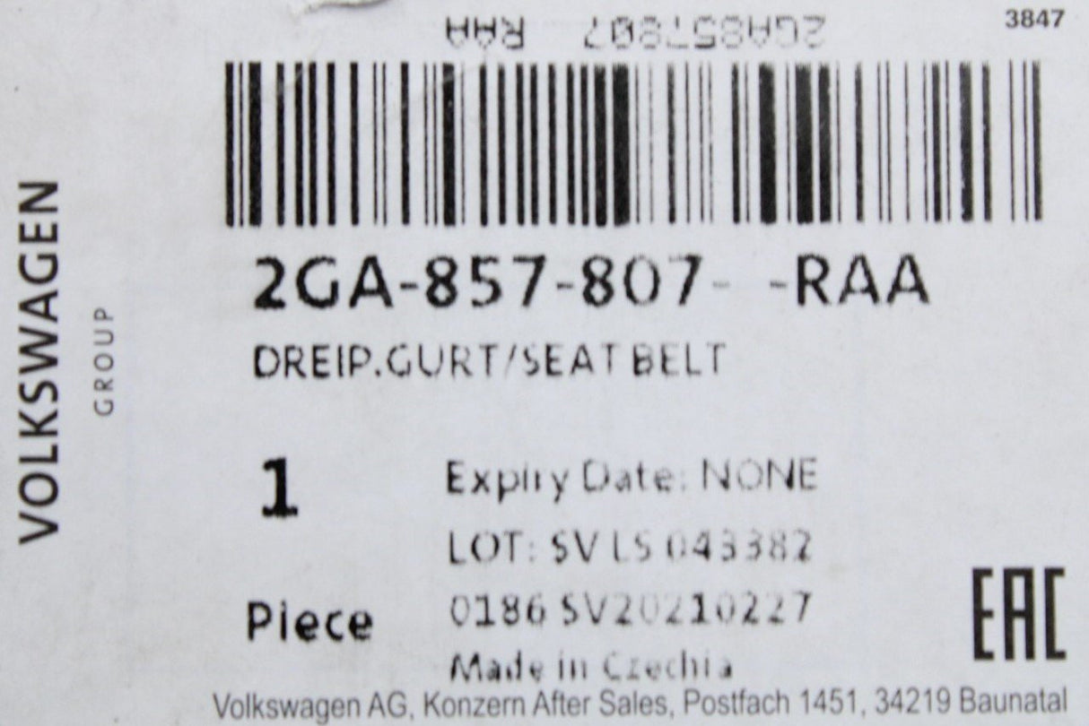 VW T-Roc 3-point seat belt with buckle (rear, centre) 2GA857807 RAA