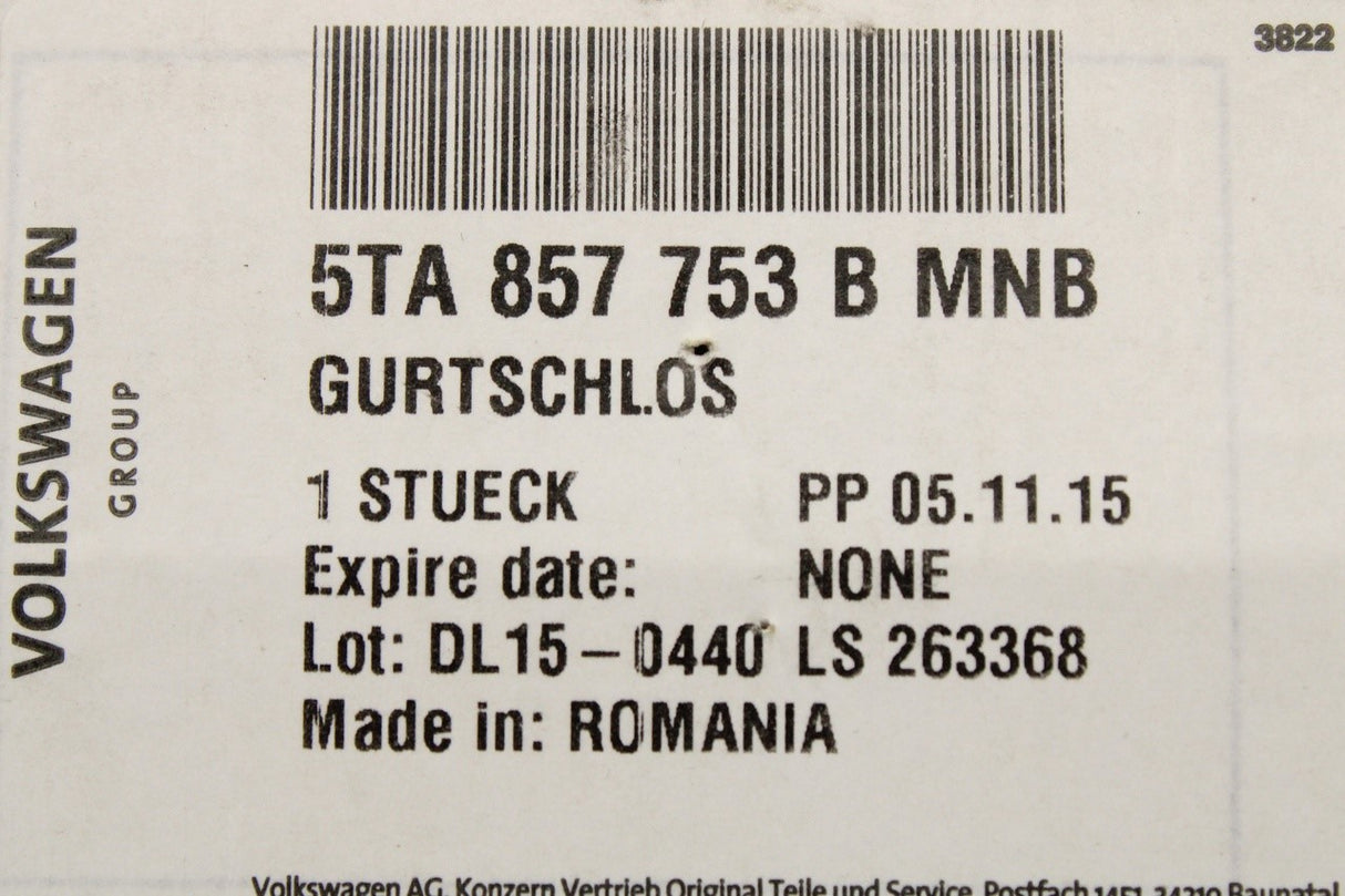 VW Touran 2016-on rear seat belt buckle 5TA857753B MNB