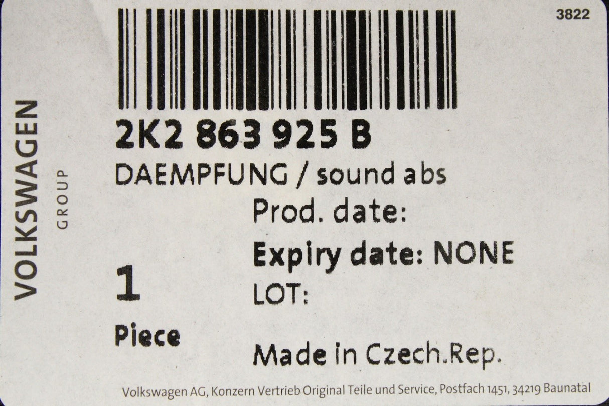 VW Caddy 2011-2020 RHD interior bulkhead sound insulation 2K2863925B