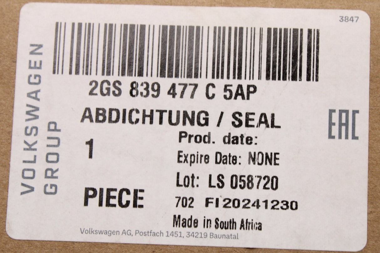 VW Polo AW 2018-on outer window aperture seal (rear left) 2GS839477C 5AP