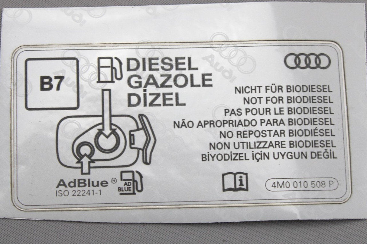 Audi A3 A4 A5 Q2 Q5 Q7 Q8 2016-On Diesel filler cap sticker 4M0010508P