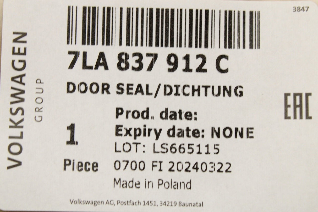 VW Transporter T6.1 2020-on front inner door seal (right) 7LA837912C