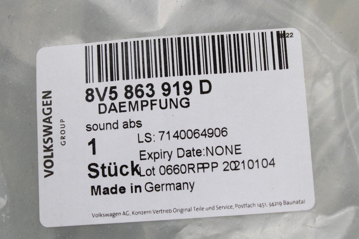 Audi A3 S3 RS3 Sportback 8V 2013-20 floor insulation 8V5863919D