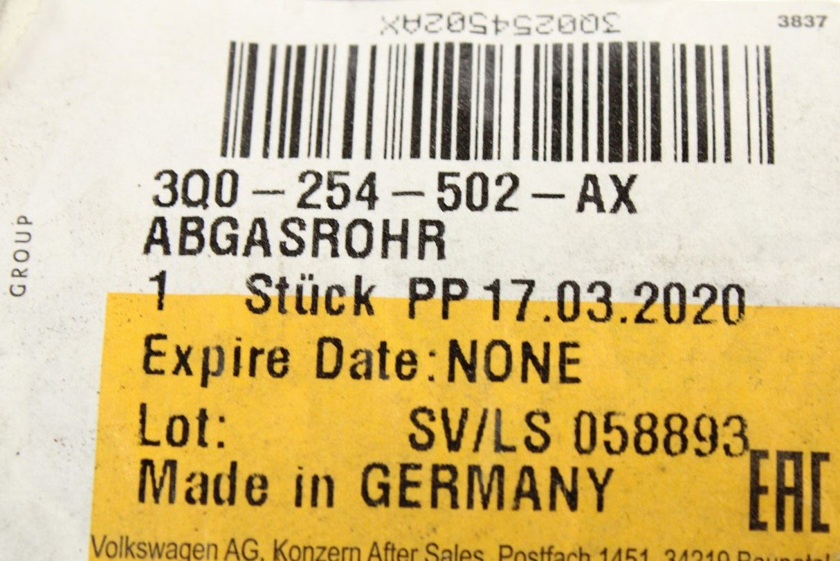 VW Arteon 2017-on Golf MK7.5 GTI 2017-20 exhaust pipe 3Q0254502AX