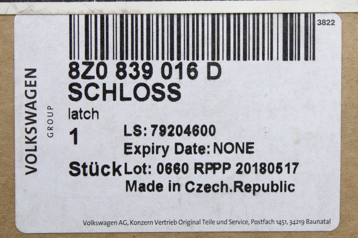 Audi A2 2000-2005 door lock latch mechanism (rear right) 8Z0839016D