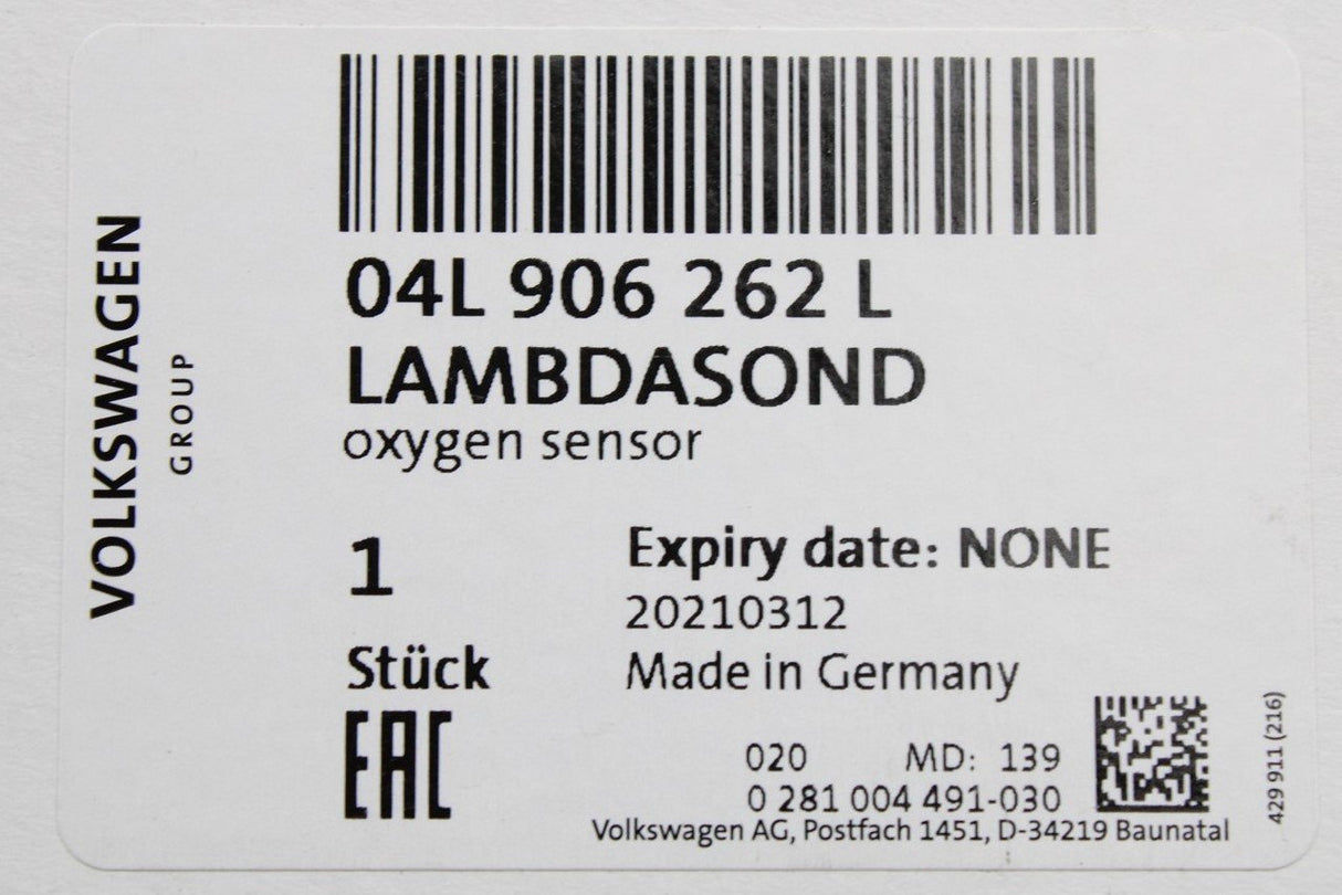 VW Caddy 2016-on 2.0 TDI oxygen Lambda sensor (pre-cat) 04L906262L