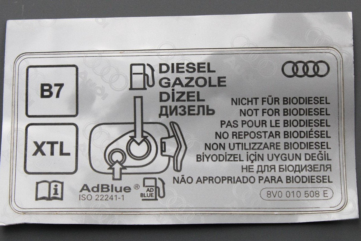Audi A3 A4 Q2 Q5 16- fuel door 'diesel' information sticker 8V0010508E