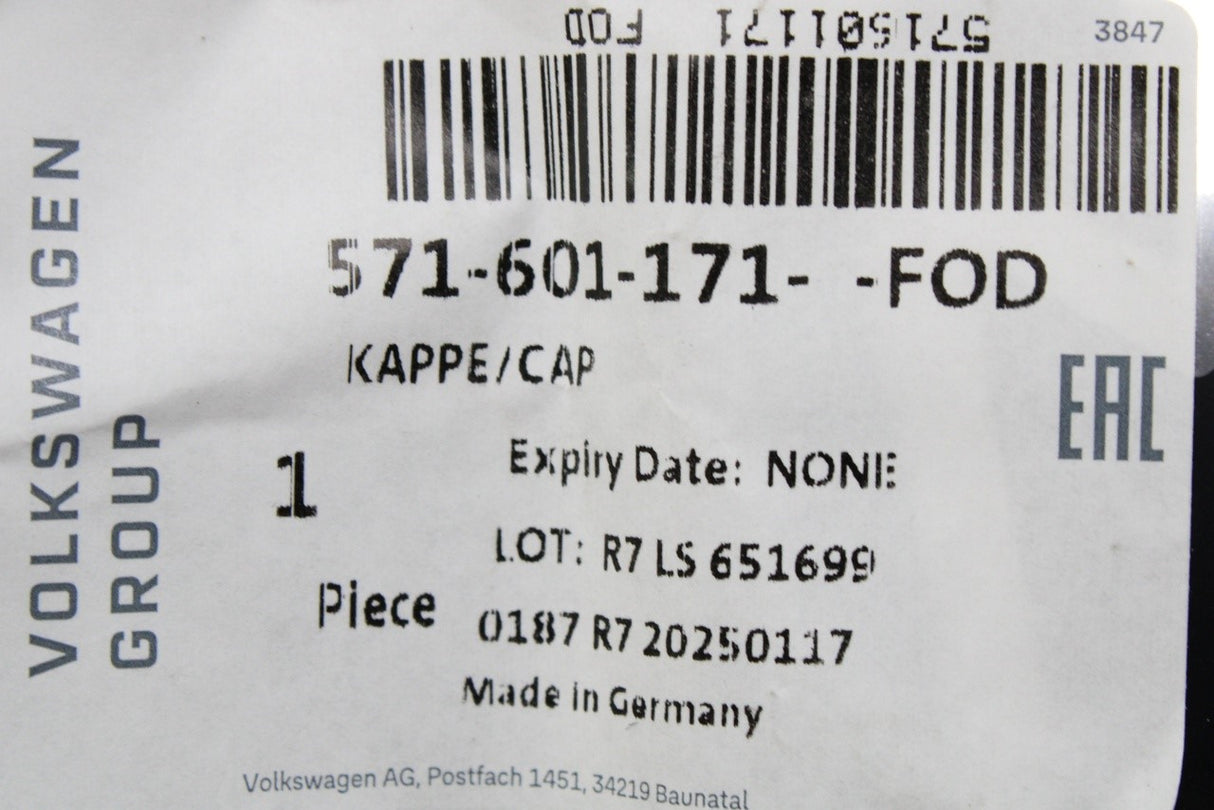VW Passat Tiguan Tayron 2025-on alloy wheel centre cap x1 571601171 FOD