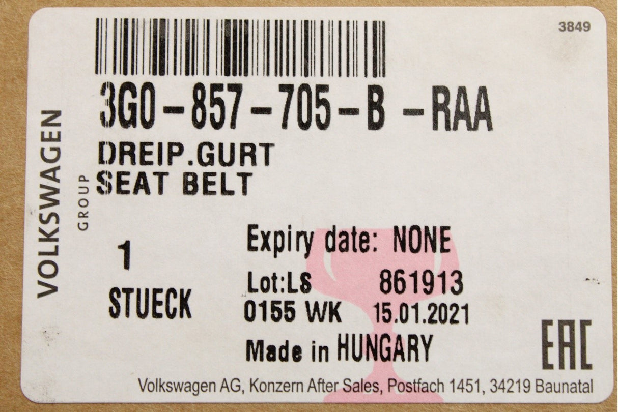 VW Passat 2015-21 three-point seat belt (front left) 3G0857705B RAA