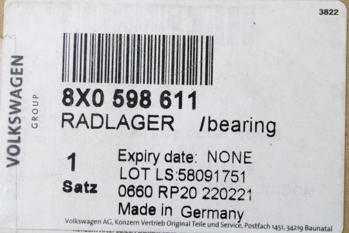 VW Polo 6R Audi A1 Skoda SEAT rear wheel hub bearing (x1) 8X0598611