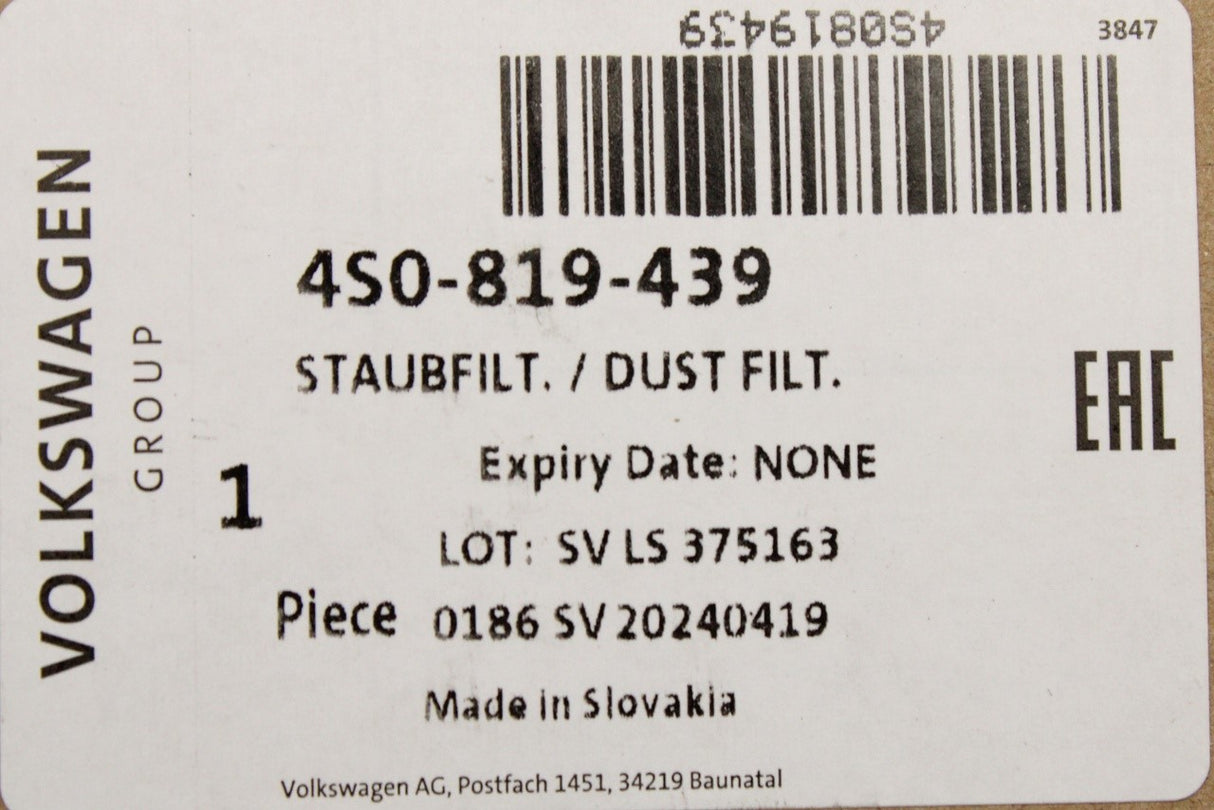 Audi R8 2016-on pollen filter element 4S0819439