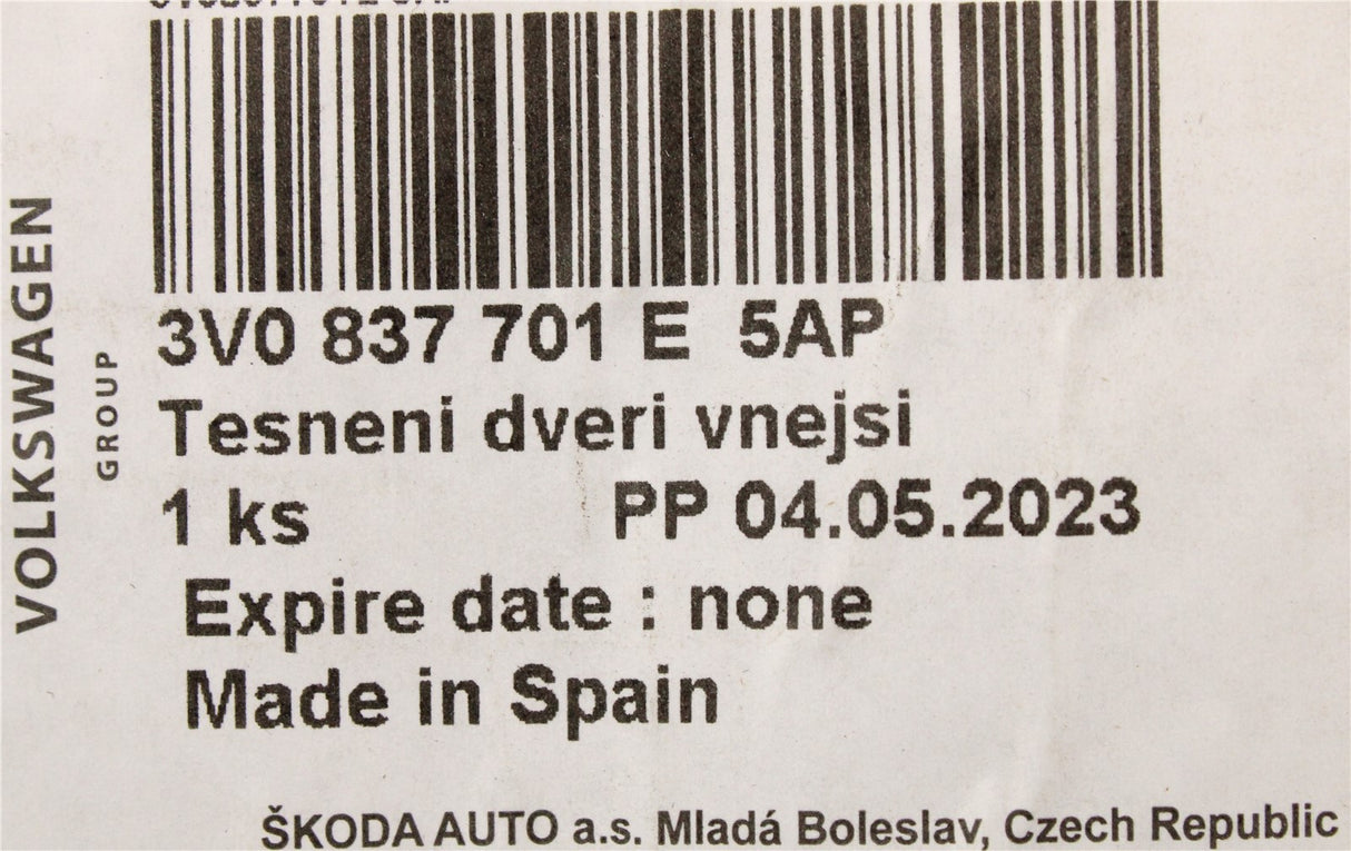 Skoda Superb 2015-2024 door seal (front left outer) 3V0837701E 5AP