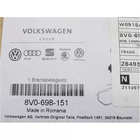VW Golf MK7 Passat Audi A3 TT front brake pads set 288x25mm 8V0698151