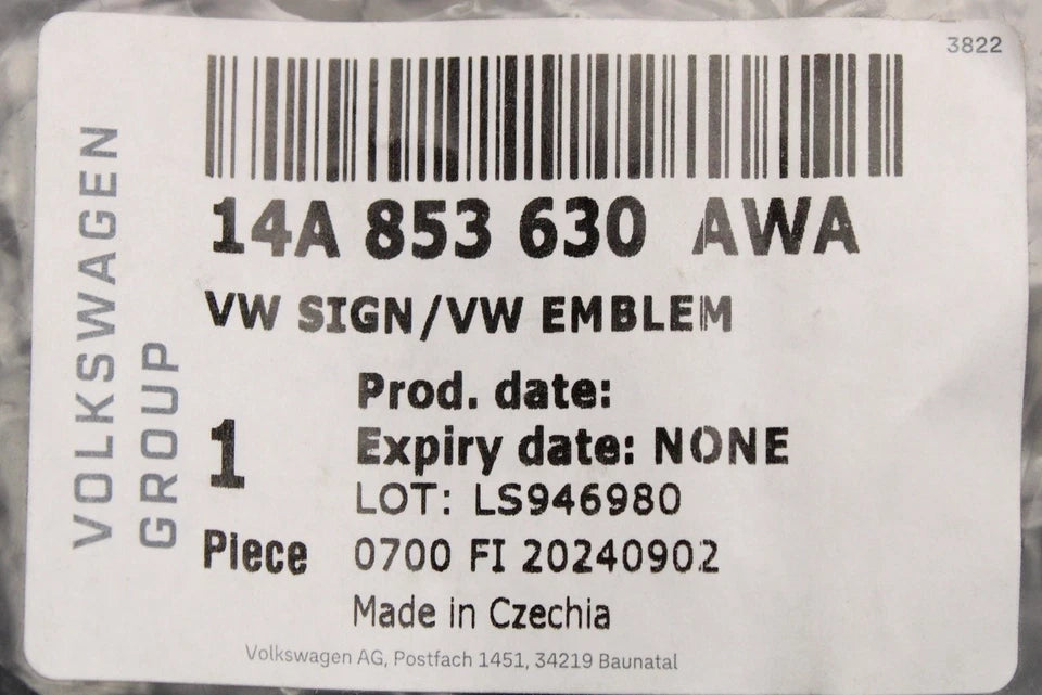 VW ID.7 2024-on rear VW logo badge (black / white) 14A853630 AWA