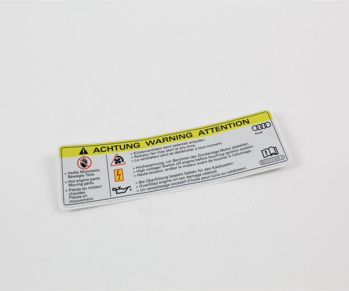 Audi A1 A3 A5 TT RS3 Q7 engine bay warning hazard sticker 8K0010520A