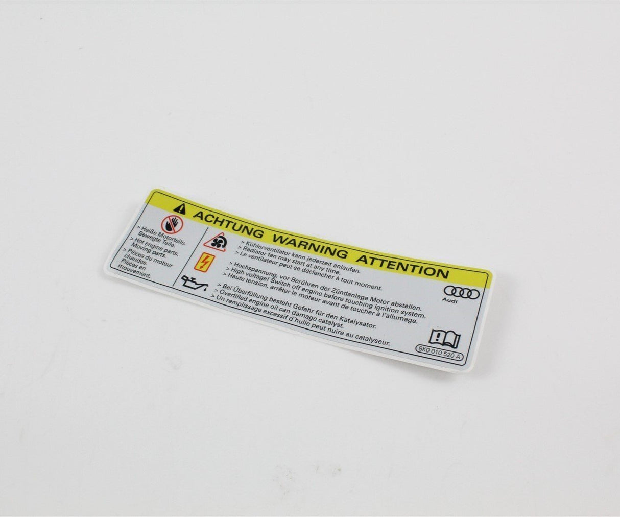 Audi A1 A3 A5 TT RS3 Q7 engine bay warning hazard sticker 8K0010520A