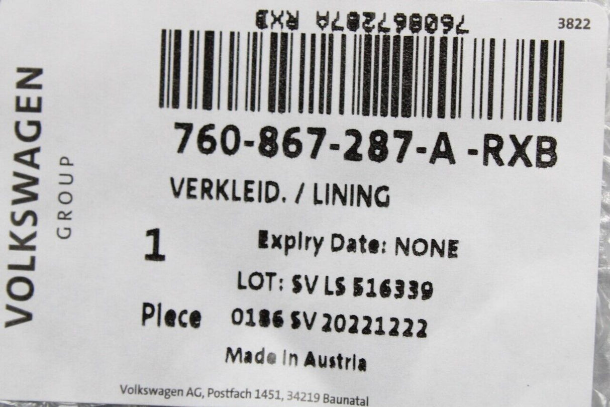 VW Touareg 2018-on interior c-pillar trim (left upper) 760867287A RXB