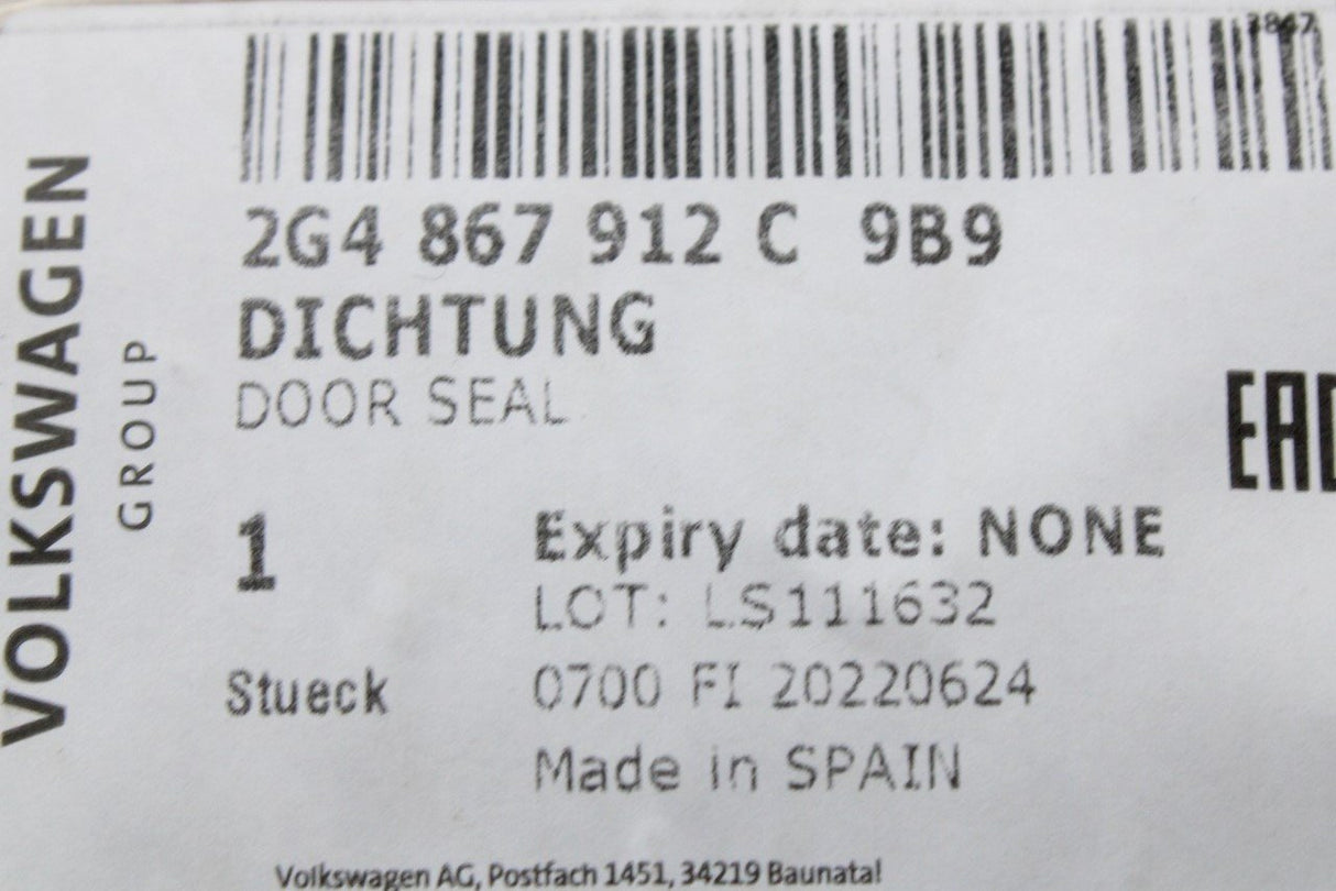 VW Polo AW 2018-on inner door seal (front right) 2G4867912C 9B9